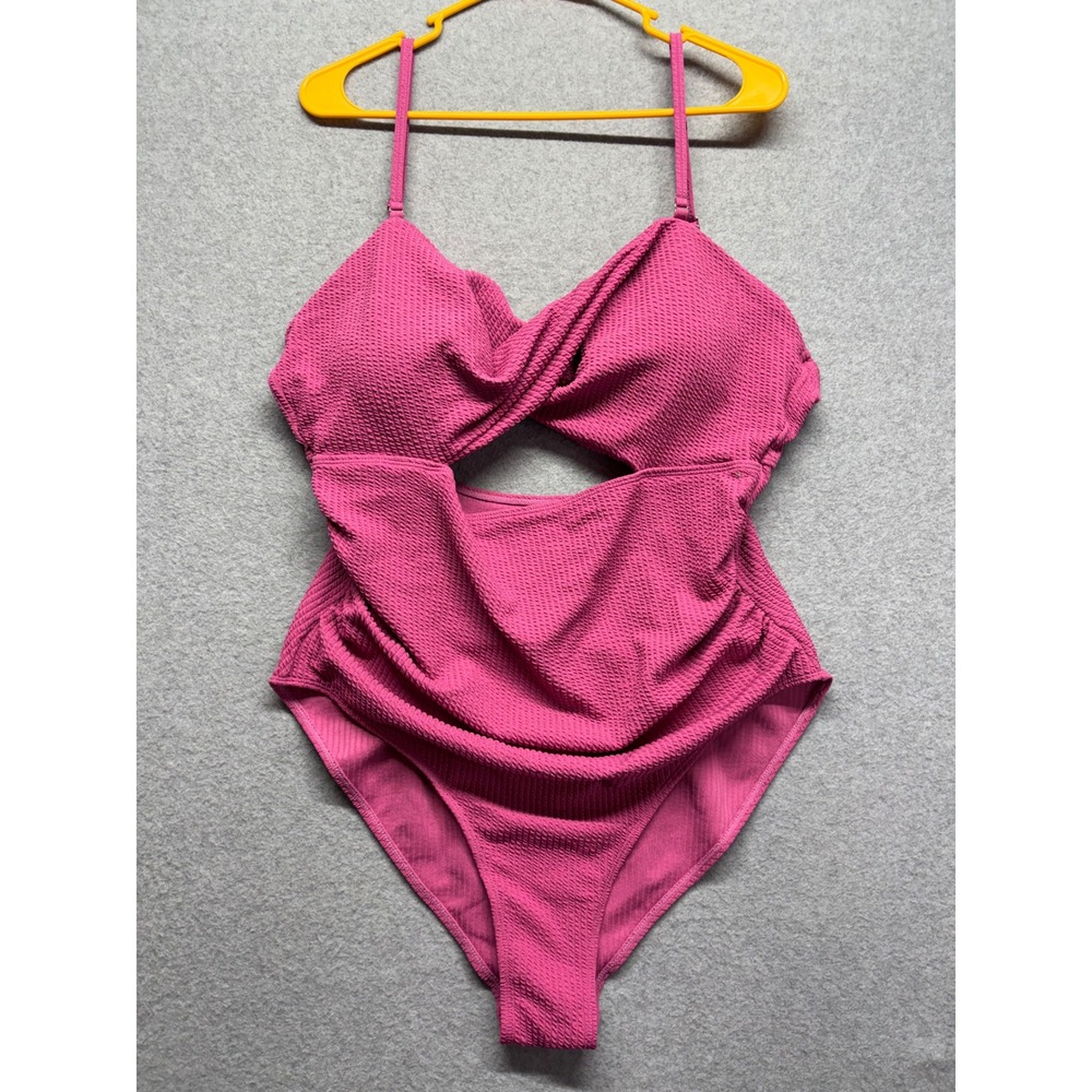 Pink Textured Twist Front Cutout One Piece Swimsuit Plus Size 3XL Ruched Bodice